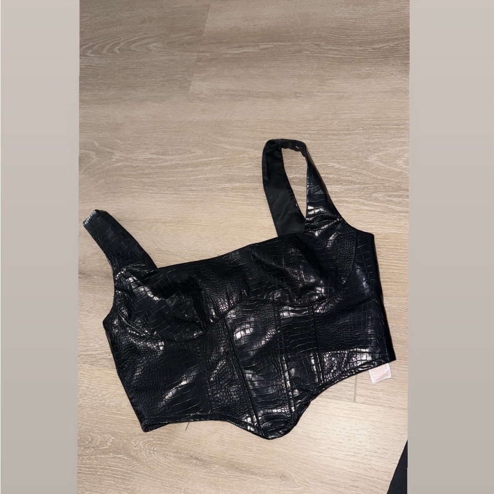 Black Croc-Embossed Bustier Top